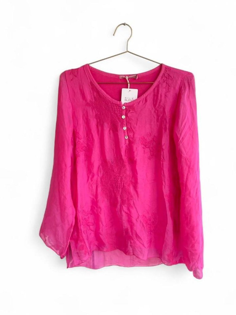 Sophia Grace Silk Blend Fuchsia Sheer Blouse Embroidered Floral Button Front